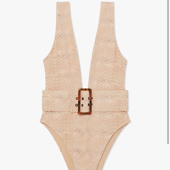 WEWOREWHAT BELTED PLUNGE SNAKE SKIN ONE PIECE IN TAN, SIZE SMALL - Picture 2 of 5
